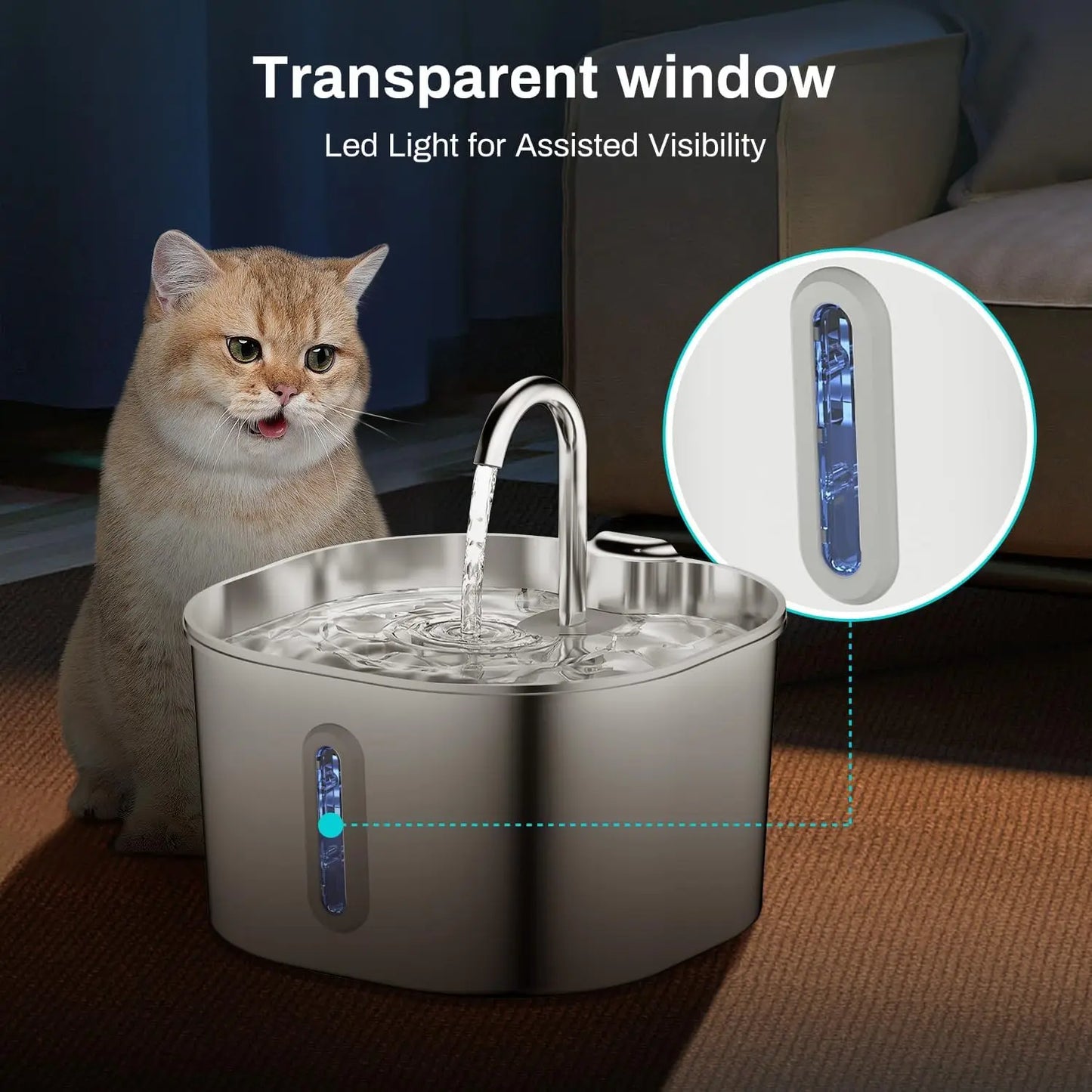 2.2L Automatic Cat Water Fountain Stainless Steel Pet Water Dispenser Bowl Dog Water Fountain with window Pet Drinking Fountain